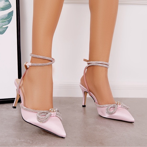Women’s Diamanté Bow Pionted Toe Santin Dress Sandal Heels Shoes Size 5.5 New - Picture 3 of 12